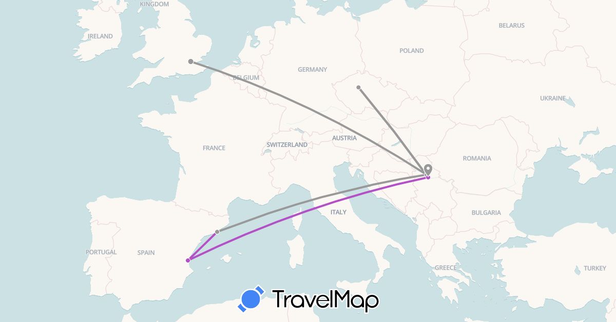 TravelMap itinerary: plane, train in Czech Republic, Spain, United Kingdom, Serbia (Europe)